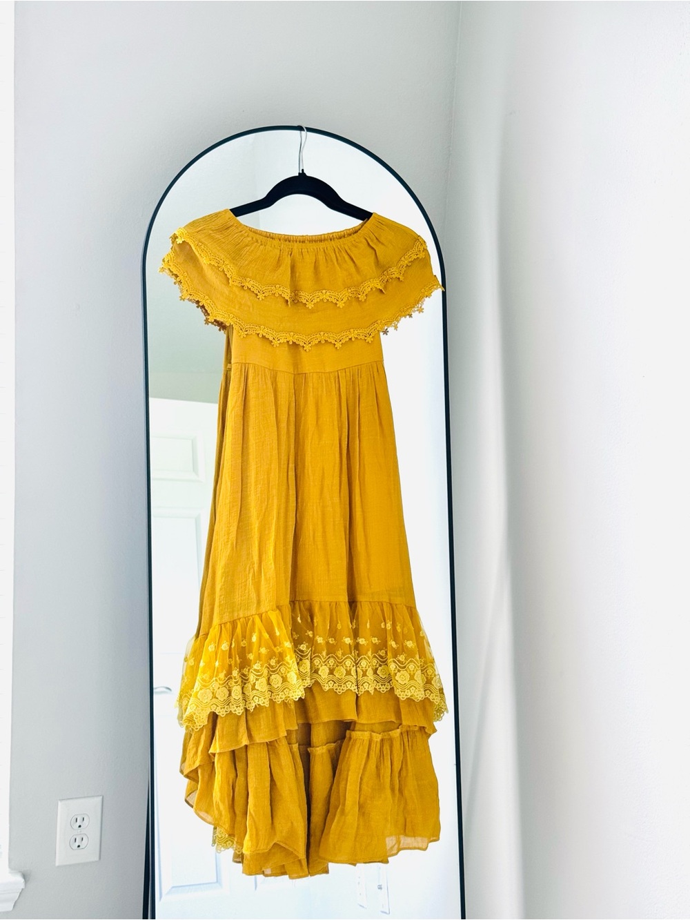 Girl's boho mustard yellow off the shoulder ruffle high low maxi dress size 8